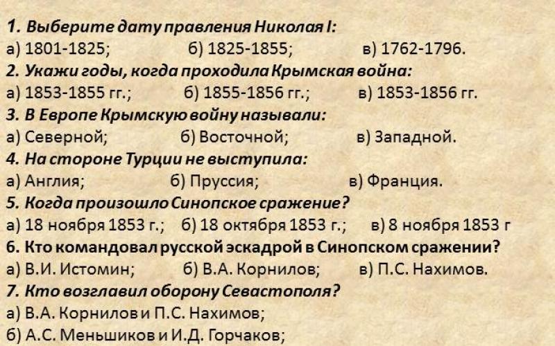 Тест по истории крымская война
